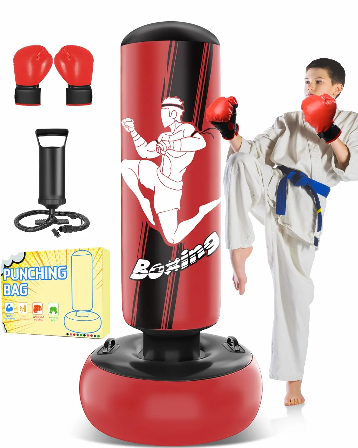 Saco de Boxeo 165cm Inflable niños con Guantes de Boxeo para la práctica de MMA Karate Taekwondo y para aliviar la energía Pent Up