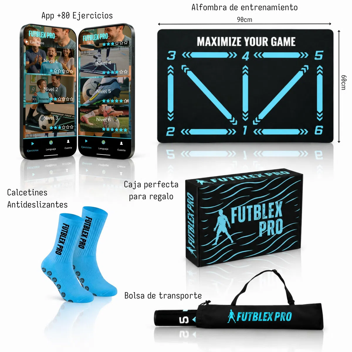 Alfombra Entrenamiento Futbol – Incluye App de Entrenamiento con Videos Interactivos y Rutinas Progresivas + Medias Antideslizantes, Bolsa de Transporte y Caja Premium para Regalo.