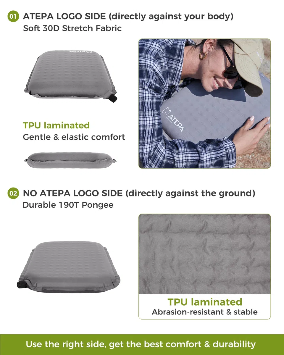 ATEPA Cojín de Asiento Inflable para Estadio, Autoinflable Ultraligero Portátil y Compacto, Resistente al Agua, para Partidos de Fútbol, Avión, Viajes, Camping, Senderismo, Conciertos u Oficina, Gris