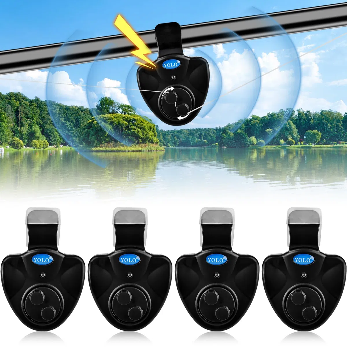 Vegena Alarma electrónica de picada de pesca, 4 unidades electrónica, alarma electrónica de mordida, juego de pesca sensible, indicador electrónico con indicador luminoso LED