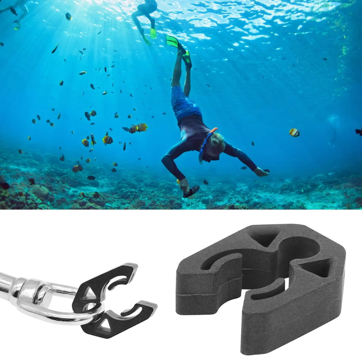 Cyrank Hebilla de Clip de Manguera de Buceo, Hebilla de Clip de Tubo de liberación rápida de Buceo Accesorio Colgante de indicador de presión de Gancho Negro Fijo de Segunda Etapa