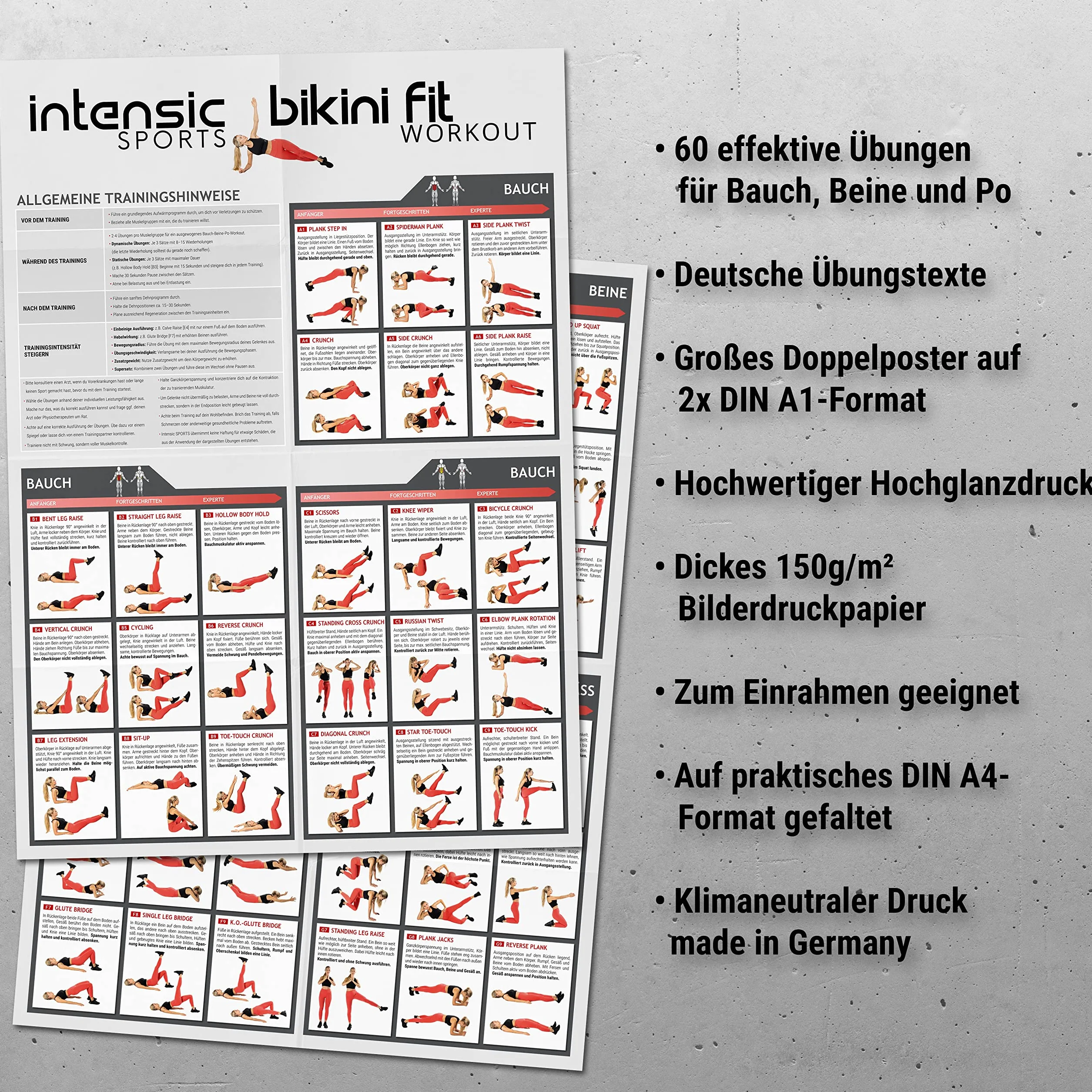 intensic SPORTS Póster de entrenamiento de abdomen y piernas, 60 ejercicios de fitness para casa, construcción muscular, peso corporal