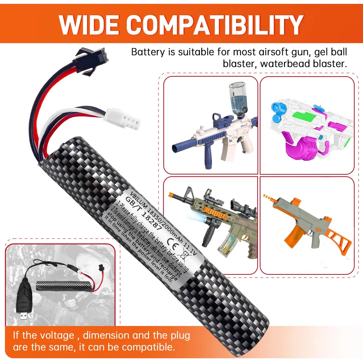 Batería de 11,1V y 2000mAh para Gel Blaster Softair con Cable de Carga Airsoft de Bola Splatter Batería Softair (2 Unidades)