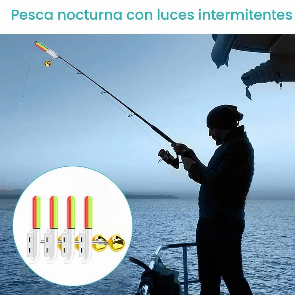 Luces de pesca con 4 luces LED para pescar, con hebilla, alarma de pesca, con cargador y batería para pesca nocturna, al aire libre