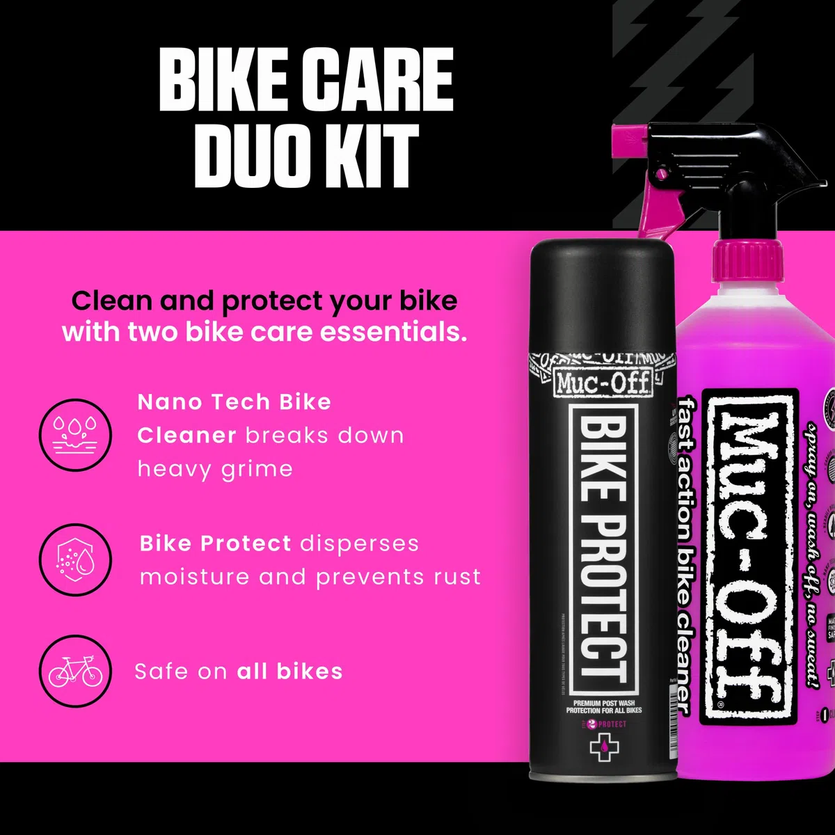 Muc-Off Kit de Limpieza de Bicicleta, Dúo de Cuidados - Limpia y Protege tu Bicicleta - Incluye 1 Litro de Limpiador para Bicicletas y 500 Ml de Spray Protector para Después del Lavado