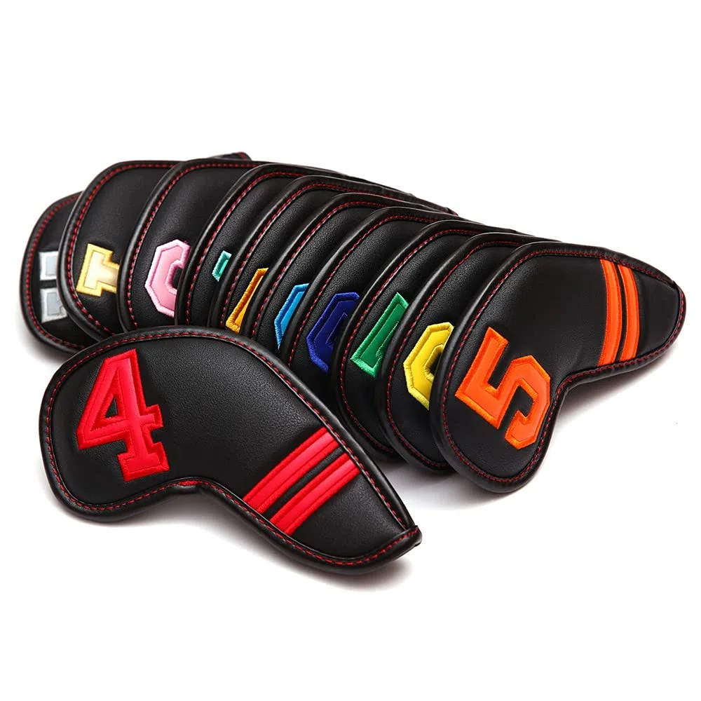 Cubiertas de cabeza de hierro de golf de cuero sintético negro con números coloridos, 11 piezas/juego de cuñas 4-9 ASPX