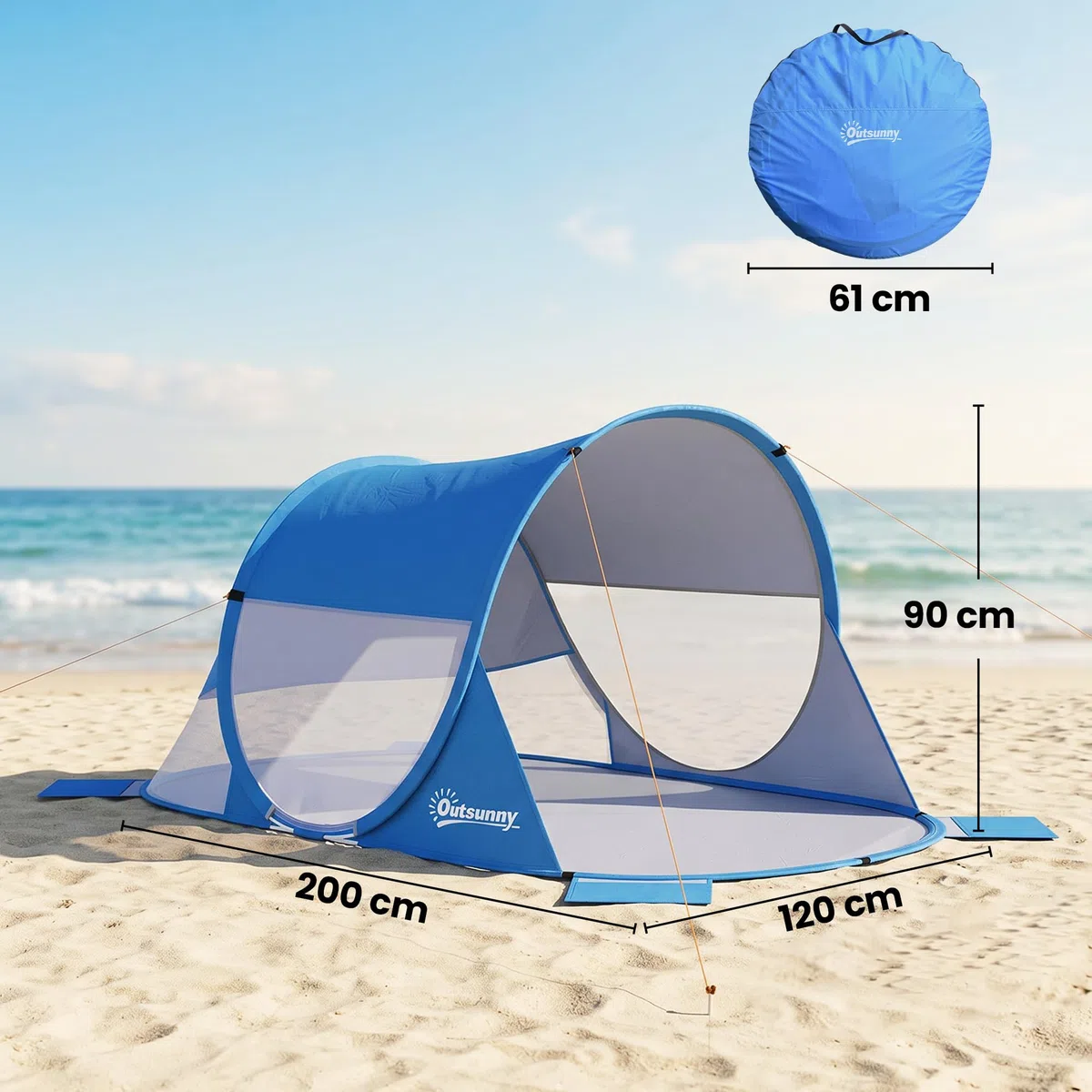Outsunny Tienda de Playa Plegable Pop-up Carpa de Playa Automático para 1-2 Personas con 1 Puerta 2 Ventanas y Bolsa de Transporte para Parque Camping 200x120x90 cm Azul