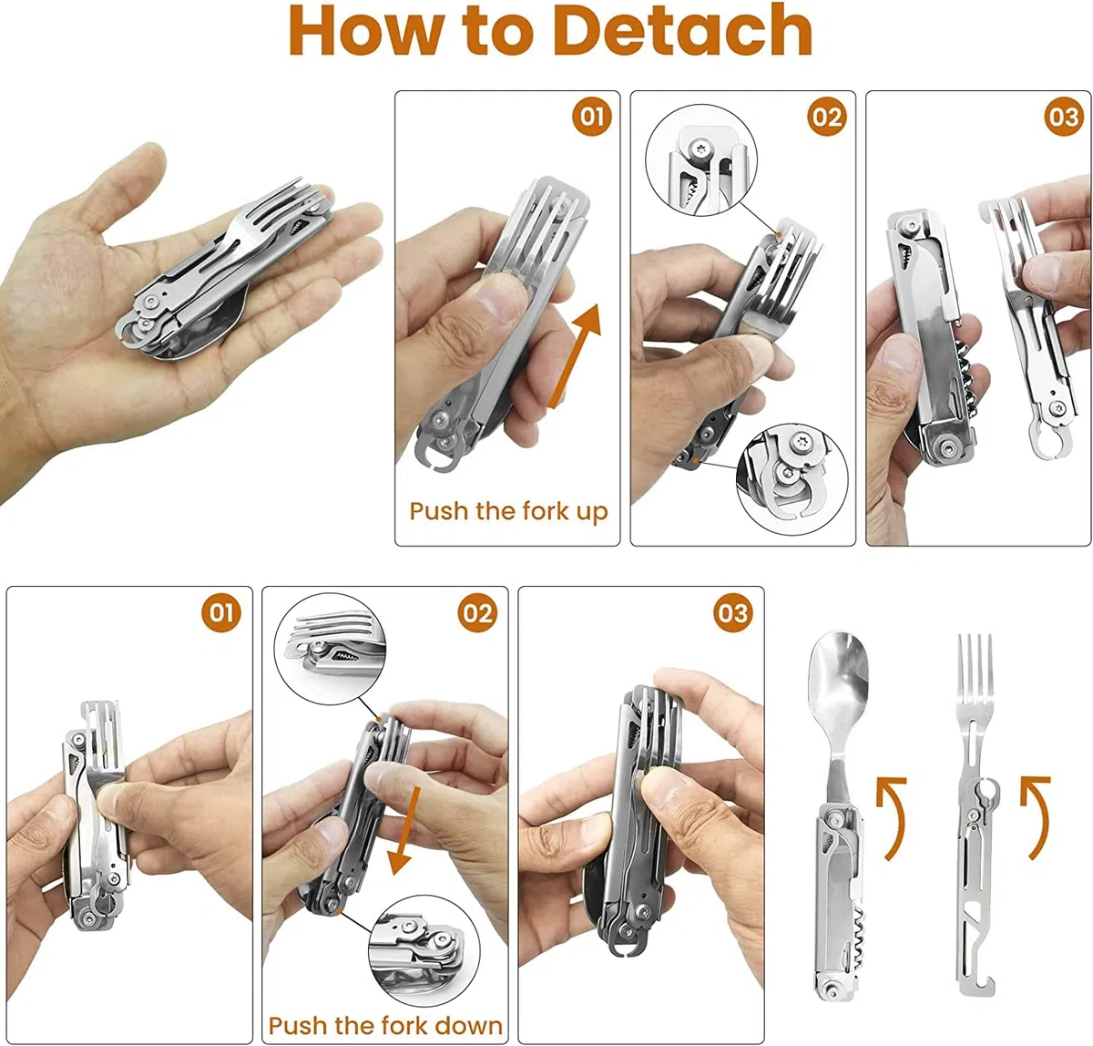 Cubiertos plegables multifuncionales 5 en 1, Vajilla de utensilios para acampar al aire libre, Juego de cubiertos portátil de acero inoxidable para viajes, con bolsa con cordón (2 Paquetes)