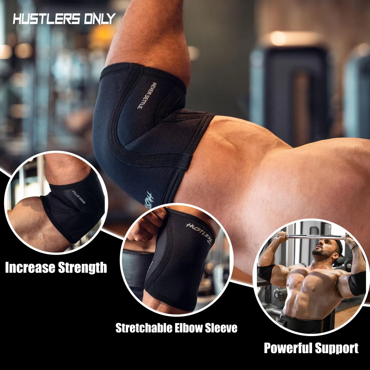 Hustlers Only Coderas de Compresión Neopreno 5 mm para Levantamiento de Pesas – Alivio del Dolor Articular, Soporte de Codo para Gimnasio, Fitness y Entrenamiento (XS, Negro)