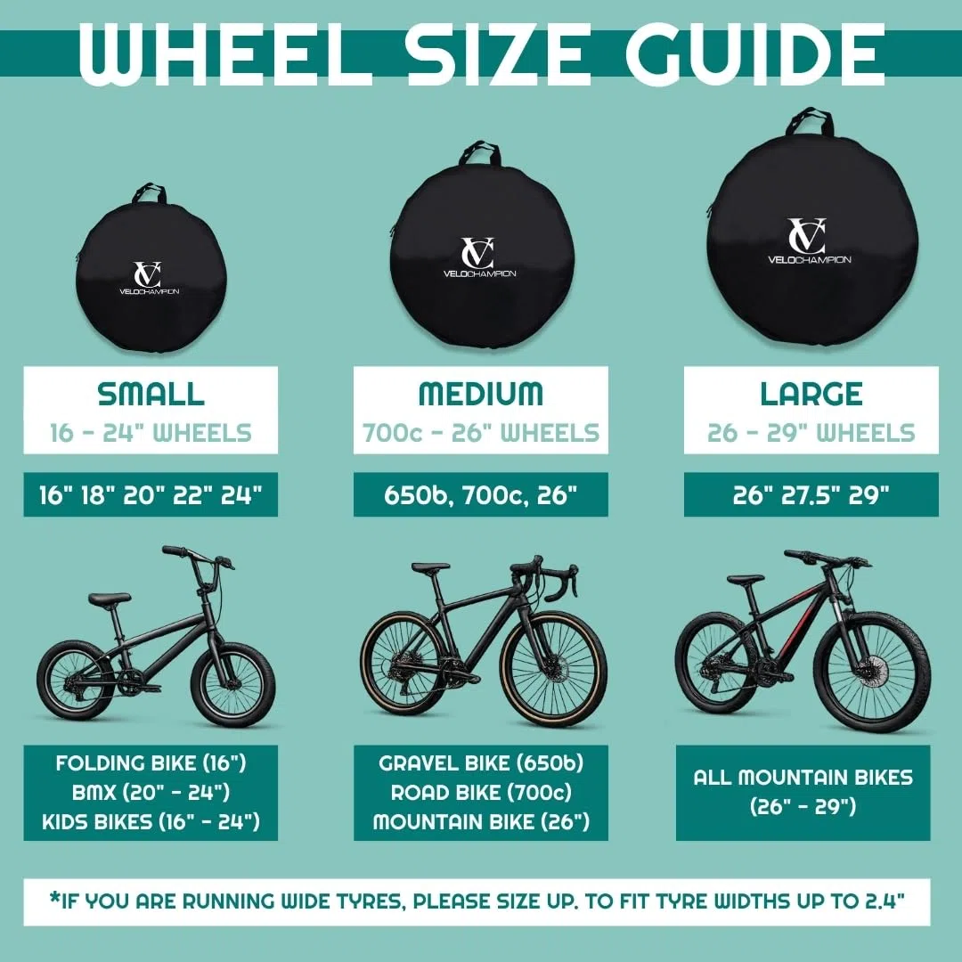VeloChampion Funda Impermeable para Almacenamiento de Ruedas de Bicicleta | Montaña, Carretera, Gravel o BMX Infantil | 650b, 700c, 16”, 20”, 24”, 26”, 27.5”, 29” Estuche de Transporte y Viaje