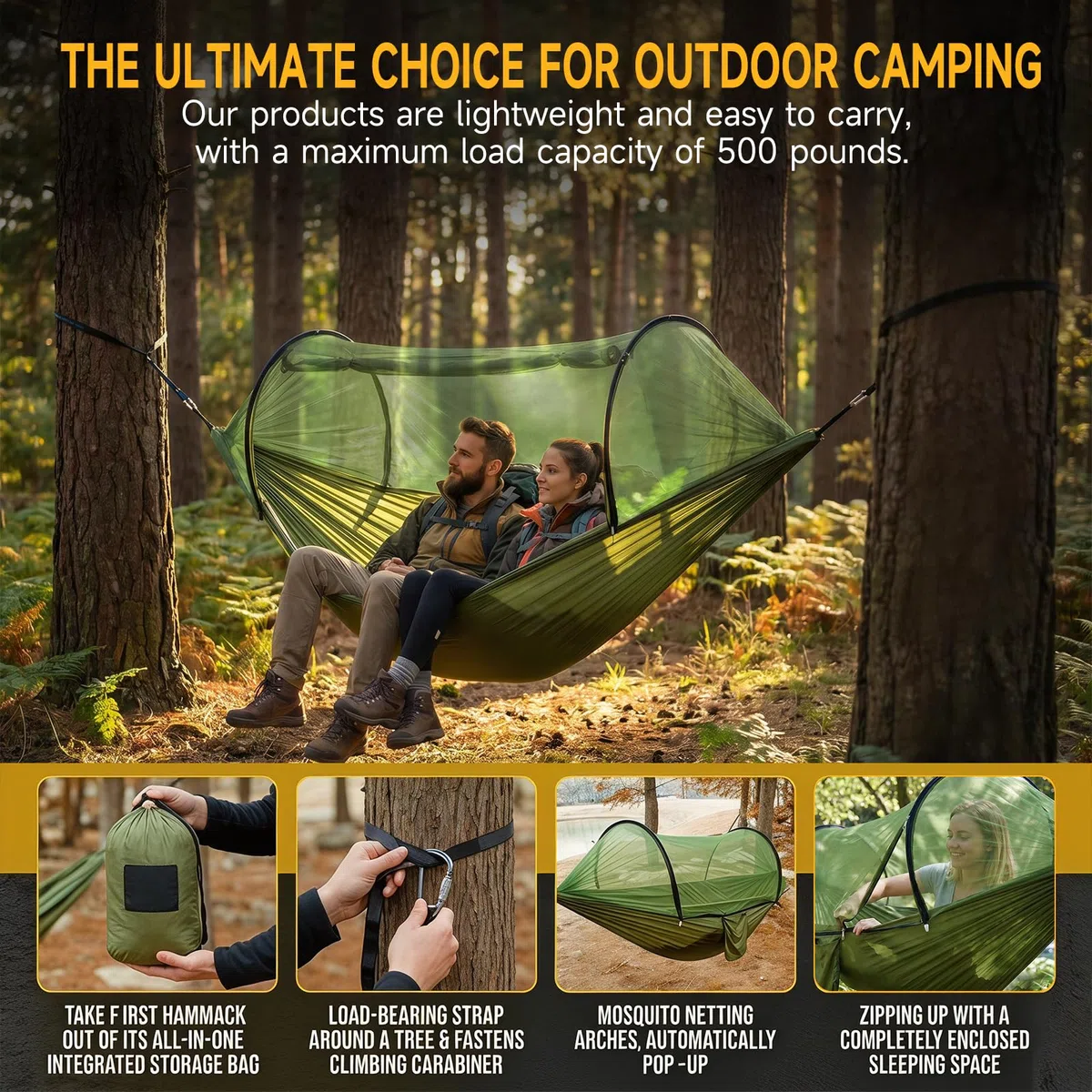 Hamaca de Camping con Mosquitero,300 kg, 260x140 cm, Hamaca con Mosquitera, Hamaca Colgante Ultraligera en Tela Paracaídas 2 Personas, Ideal para Camping,Jardín,Senderismo