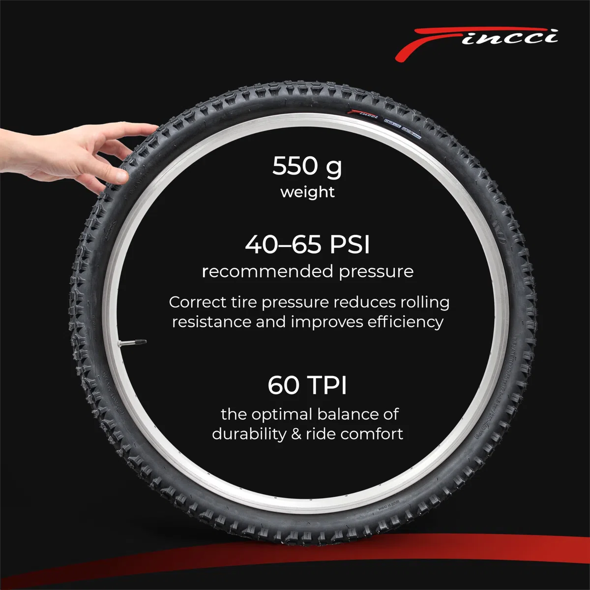 Fincci Cubierta MTB 26 - Plegable Neumático Bicicleta 26 x 1.95 Pulgadas 60 TPI Gomma 50-559 para Carretera Bici, MTB Ebike, Montaña Hibrida Bici - Componentes para Ciclismo 26