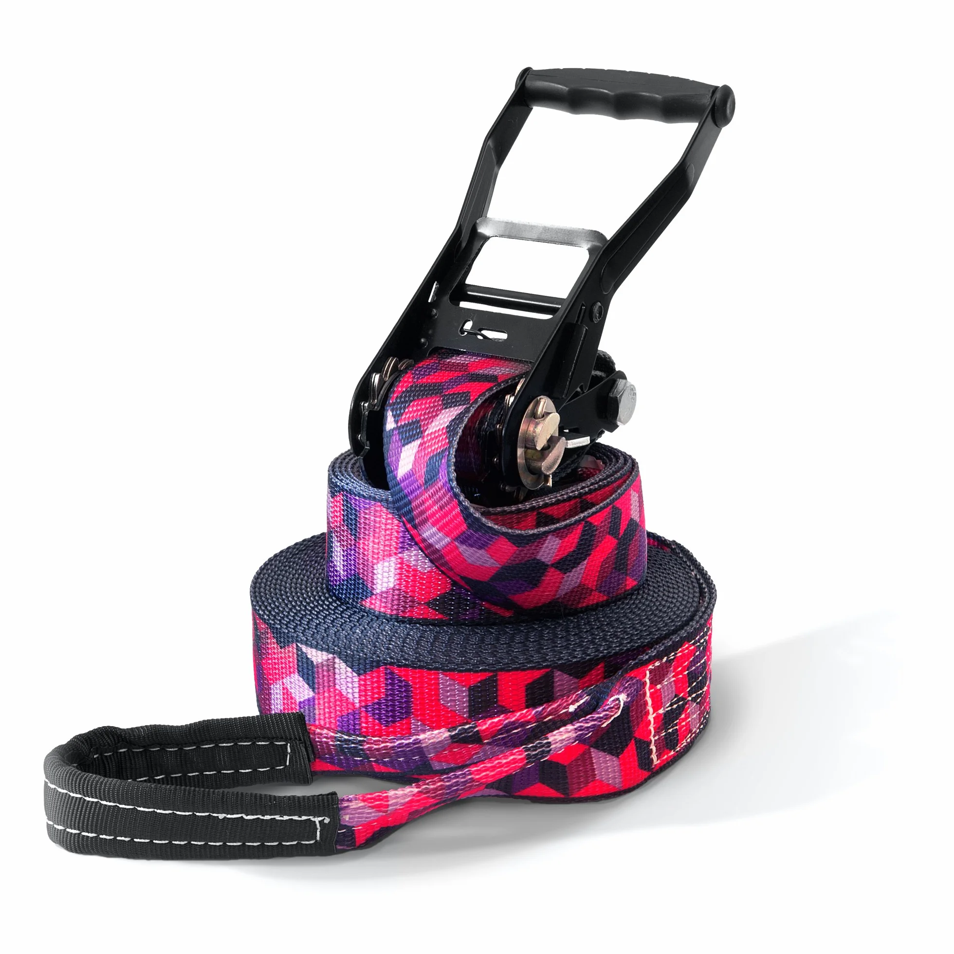 Juego de slackline (de 15, 25 o 35 m de longitud y 5 cm de ancho) de Secoroco, diseño único de «cubos», incluye moderna bolsa de transporte o de entrenamiento y protección para árboles y carraca