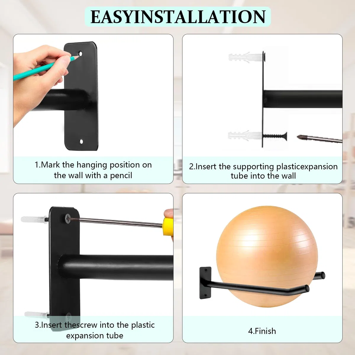 Soporte de pared para pelotas medicinales y esterilla de yoga, soporte de pared para 2 pares de pelotas de ejercicio, soporte de metal para almacenamiento de equipos de fitness en gimnasio o