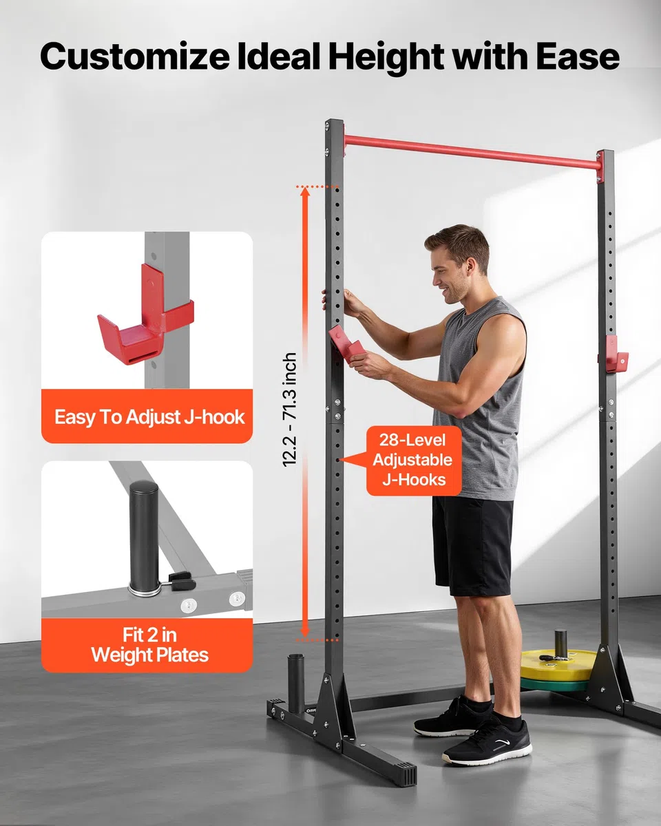 VEVOR Jaula para Sentadillas con Barra, Equipo Multifuncional de Press de Banca con Ganchos en J Ajustables de 28 Niveles, Robusto y Estable, Entrenamiento de Fuerza 360 kg, 1160 x 1280 x 2170 mm