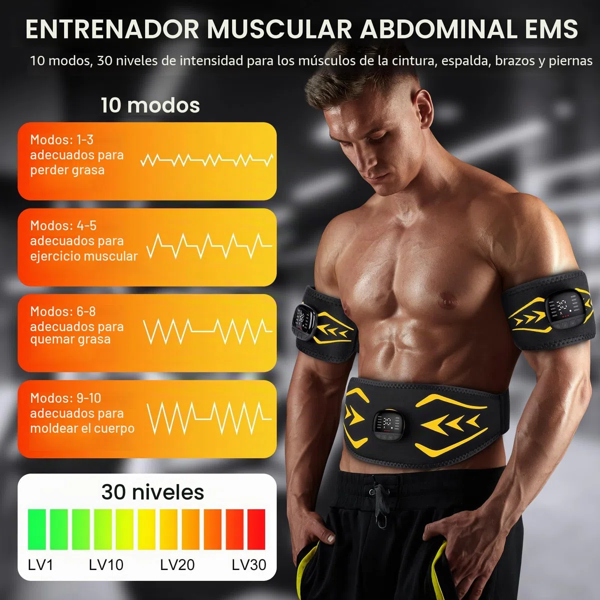 Electroestimulador Abdominal,Electroestimulador Muscular,EMS Abdominales Electroestimulacion con 10 Modos y 30 Intensidades,Estimulador Abdominal para Abdomen,Brazo,Piernas,USB Recargable