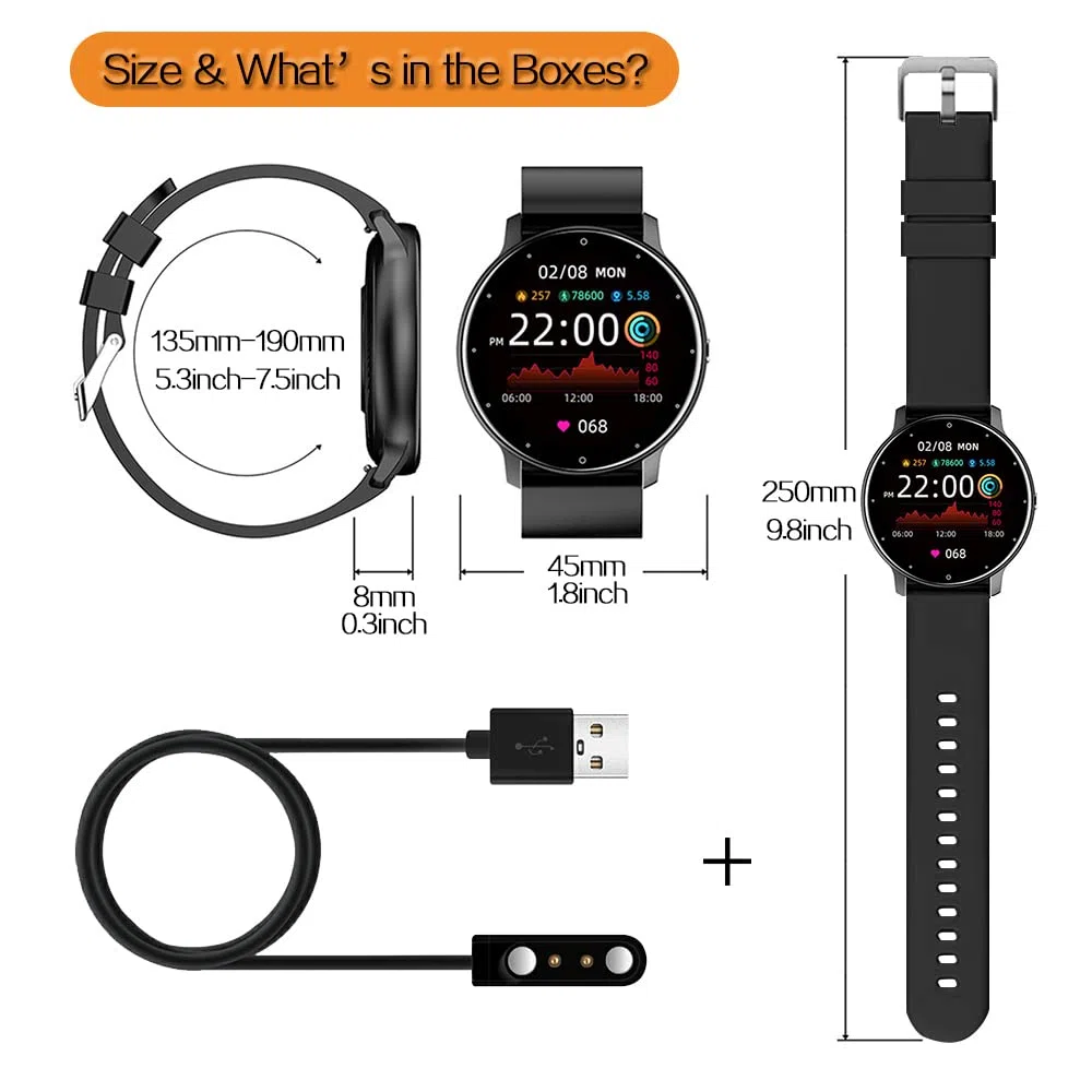 0,8cm Ultrafino Reloj Inteligente Rastreador Fitness Podómetro con Funciones Monitoreo de Frecuencia Cardíaca, Presión Arterial, Oxígeno en Sangre y Sueño, Notificación Inserción Mensaje Soporte