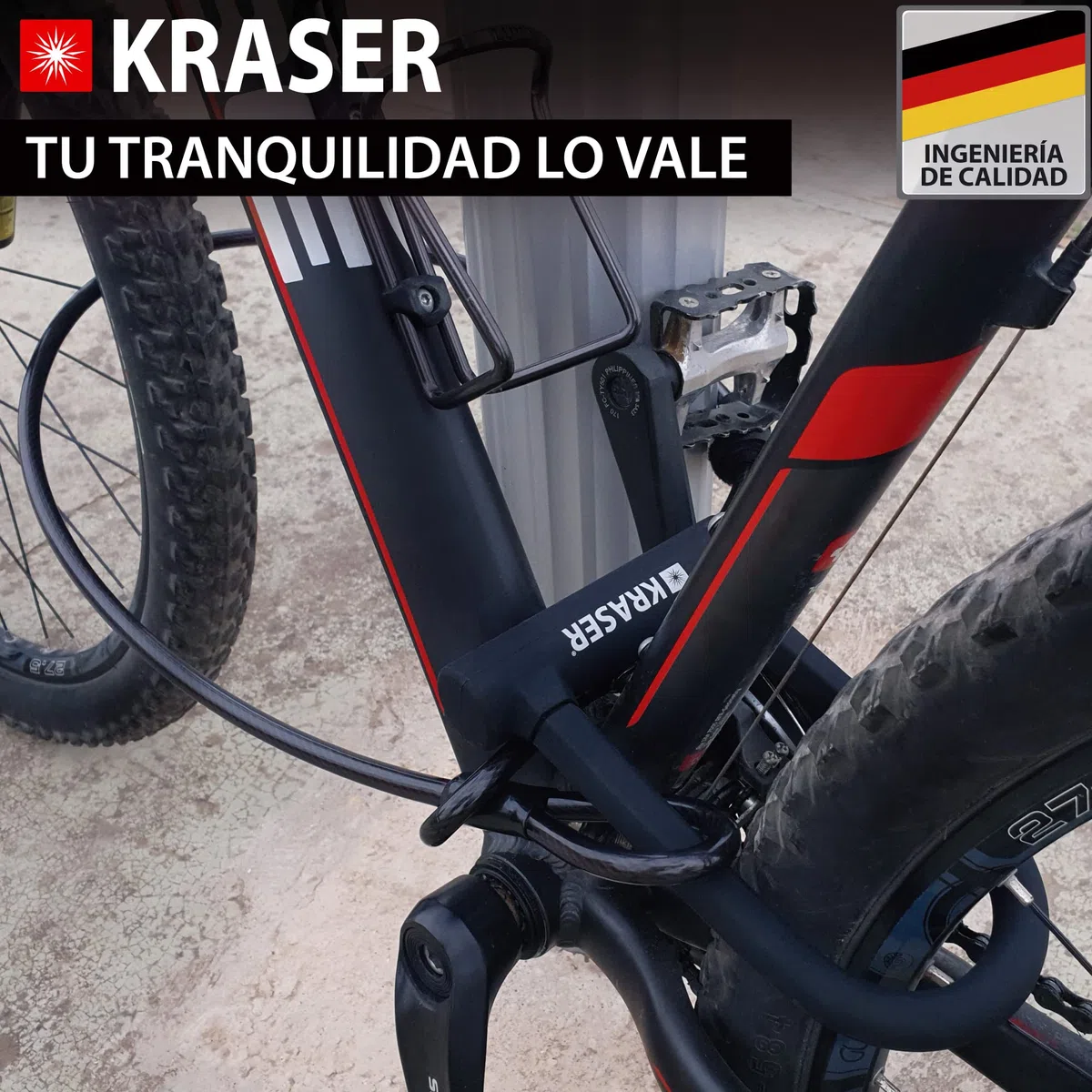 KRASER KR65145B Candado Bicicleta U, Alta Resistencia, Compacto + Cable 120cm Más Seguro y Páctico, Horquilla ø16 Acero de Doble Bloqueo, Soporte Fácil Transporte, Antirrobo Universal Bici Patinete