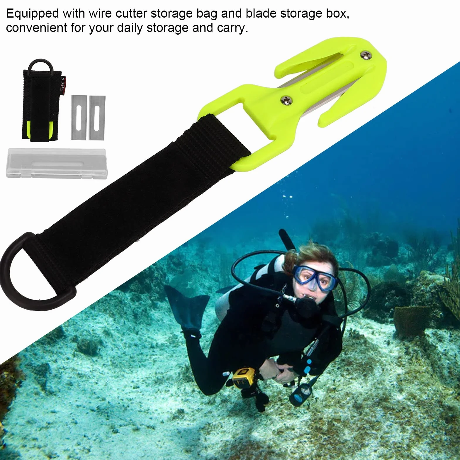 Pasamer Cortador de cuerda de seguridad, Cortador de cinturón de buceo resistente al calor, Hojas afiladas con soporte de cuchilla para buceo seguro