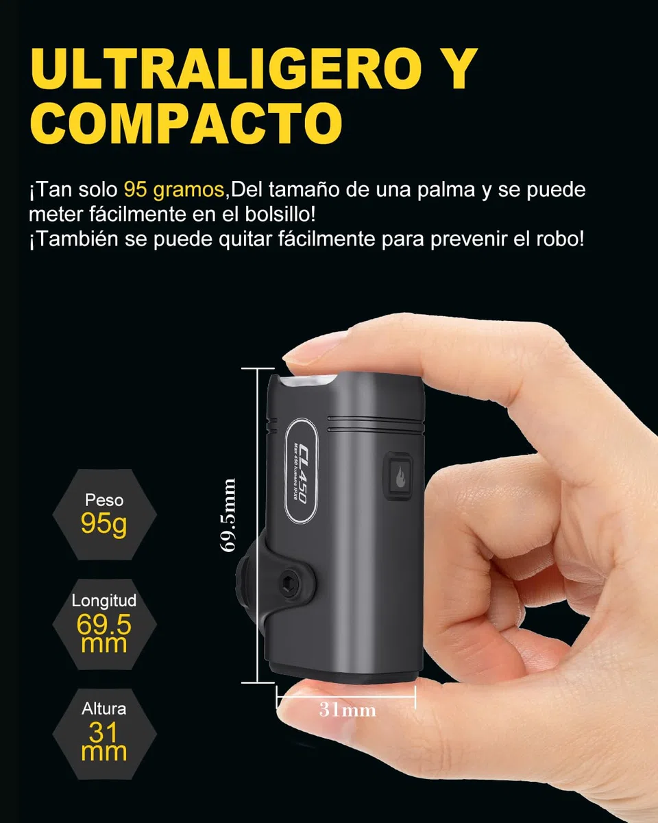 TOWILD CL450 Luz Frontal para Bicicleta - 450 Lúmenes Luces Delantera Recargable USB-C IPX6 Impermeable Luz de Ciclismo 5 Modos 7h Autonomía Ligera y Compacta
