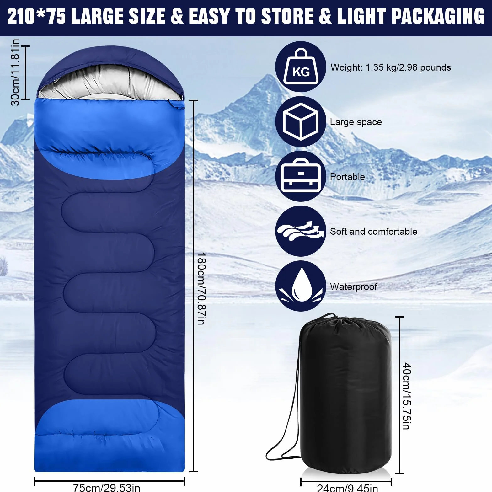 Saco de Dormir, 210x75cm Saco de Dormir 4 Estaciones, Ligero e Impermeable, con Bolsa de Almacenamiento Portátil, para Adultos y Niños, para Acampada, Senderismo y Actividades al Aire Libre