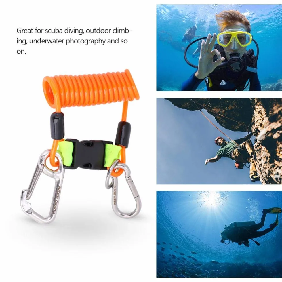 Keenso Cuerda Elástico para Buceo, Conjunto Estirado, Enganche Metálico y Mosquetón(Naranja)