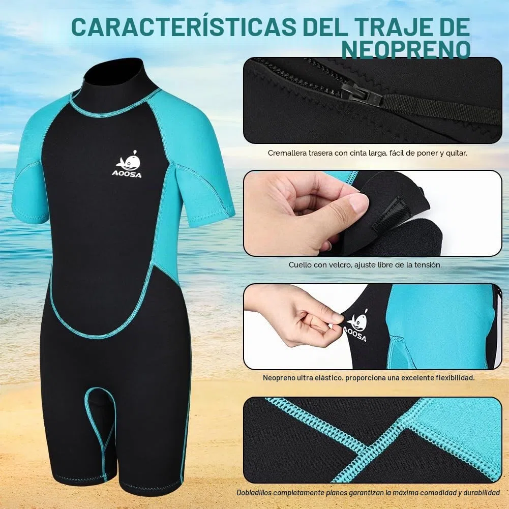 Traje de Neopreno para Niños y Niñas, 2.5mm Neopreno Niño con Cremallera Trasera, Traje de Agua para Deportes Acuáticos, Natación, Esnórquel, Surf y Buceo