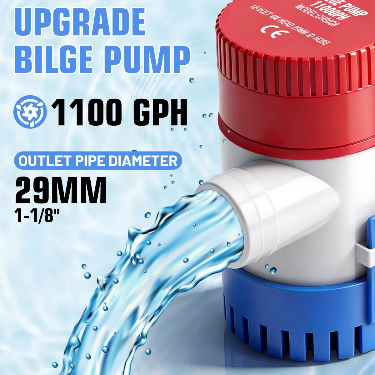 Bomba de Achique 12V 1100GPH, Bomba de Achique Manual 29mm, Bomba Sumergible Eléctrica para Barco Marina Yate Exterior Jardín, Bomba Desagüe Agua 4164L/h