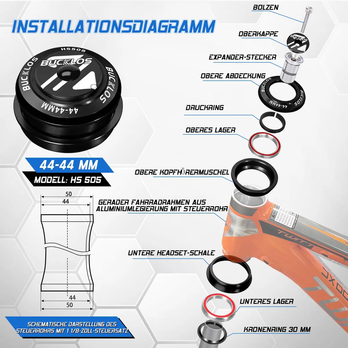 1-1/8 Juego de dirección para bicicleta MTB Threadless 34 44 44-55 44-55 44-56 mm, tubo recto cónico, bicicleta de montaña, bicicleta de carretera, doble sellado, para expansor de marco de