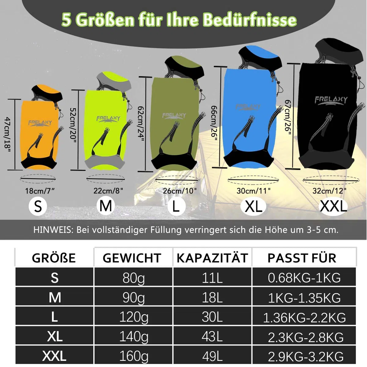 Frelaxy Bolsa de compresión, 40% más de espacio de almacenamiento, 11 L, 18 L, 30 L, 43 L, 43 L, 49 L, resistente al agua y ultraligera, bolsa de almacenamiento para saco de dormir, equipo que ahorra