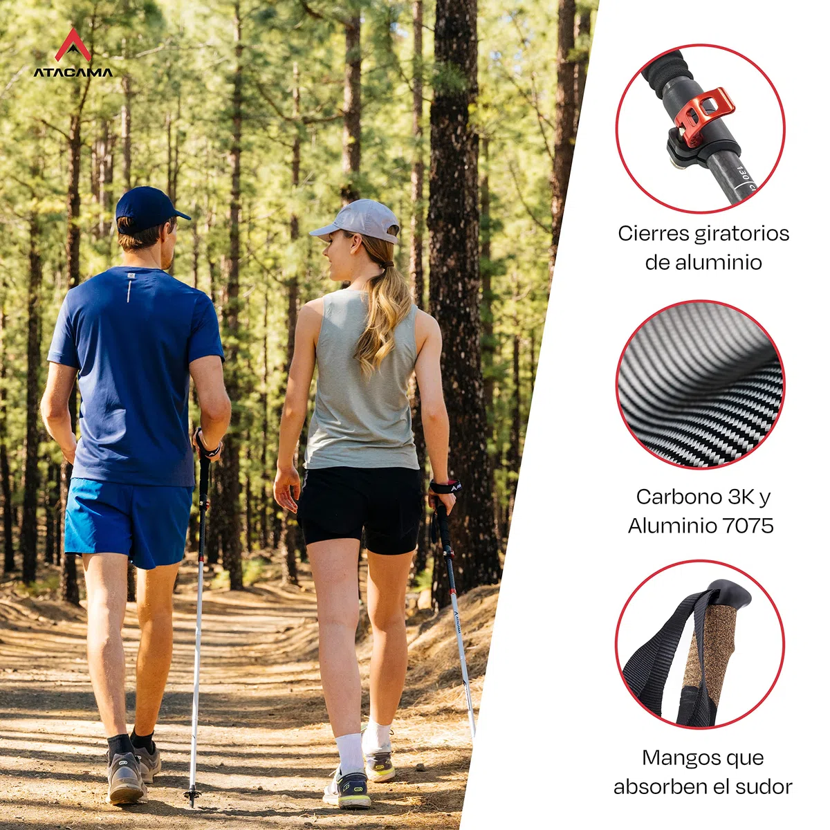 Atacama Bastones de Senderismo telescópicos, de Carbono 3K y Aluminio 7075, con Mango de Corcho, para Hombre y Mujer, Ajustables, fácilmente Extensibles