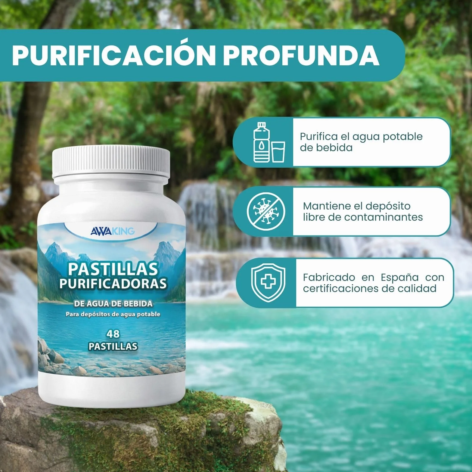AWAKING Pack 2 x 48 Pastillas Potabilizadoras de Agua | Tratamiento hasta 19.200 Litros | 200L por Pastilla | Ideal para Depósitos, Bidones y Caravanas.