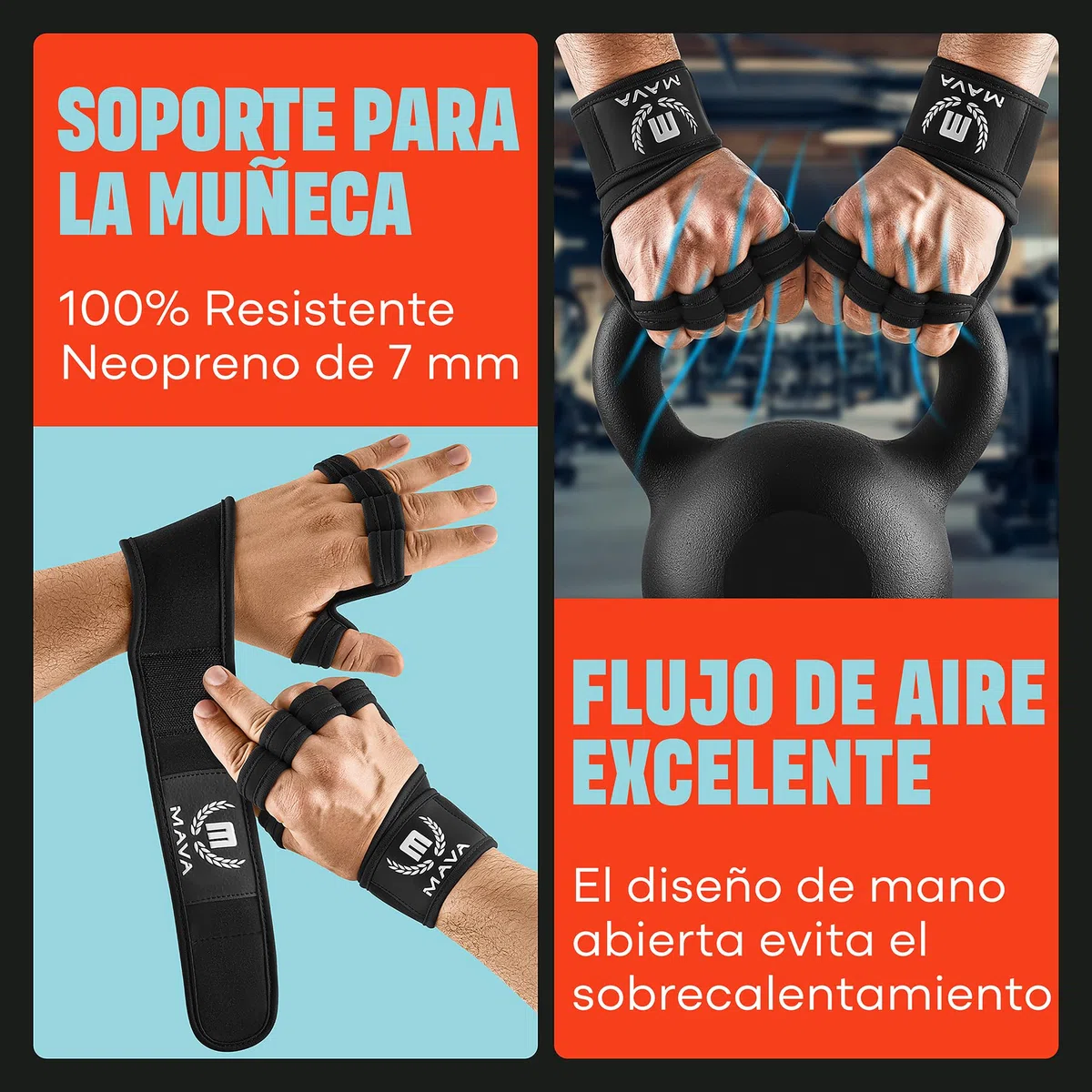 Guantes Abiertos MAVA para Gimnasio; Guantes Gimnasio Hombre y Mujer, Acolchados y Antideslizantes con Soporte de Muñeca; Guantes de Entrenamiento