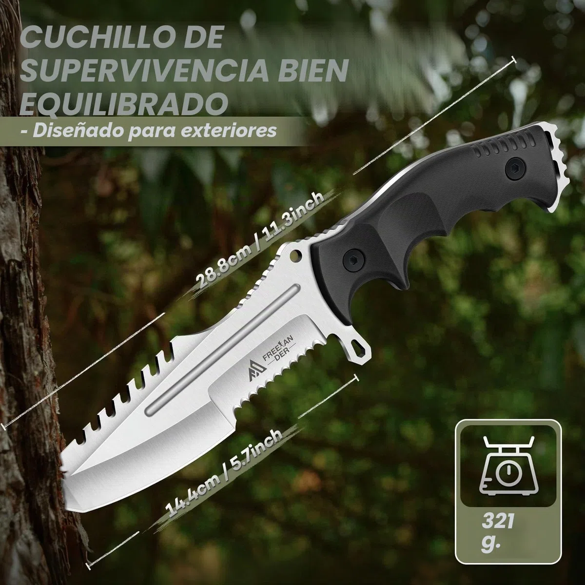 Freelander Cuchillos de Supervivencia Hoja Fija Acero D2 con Funda Kydex, Full Tang Cuchillos de Monte y Supervivencia, Negro