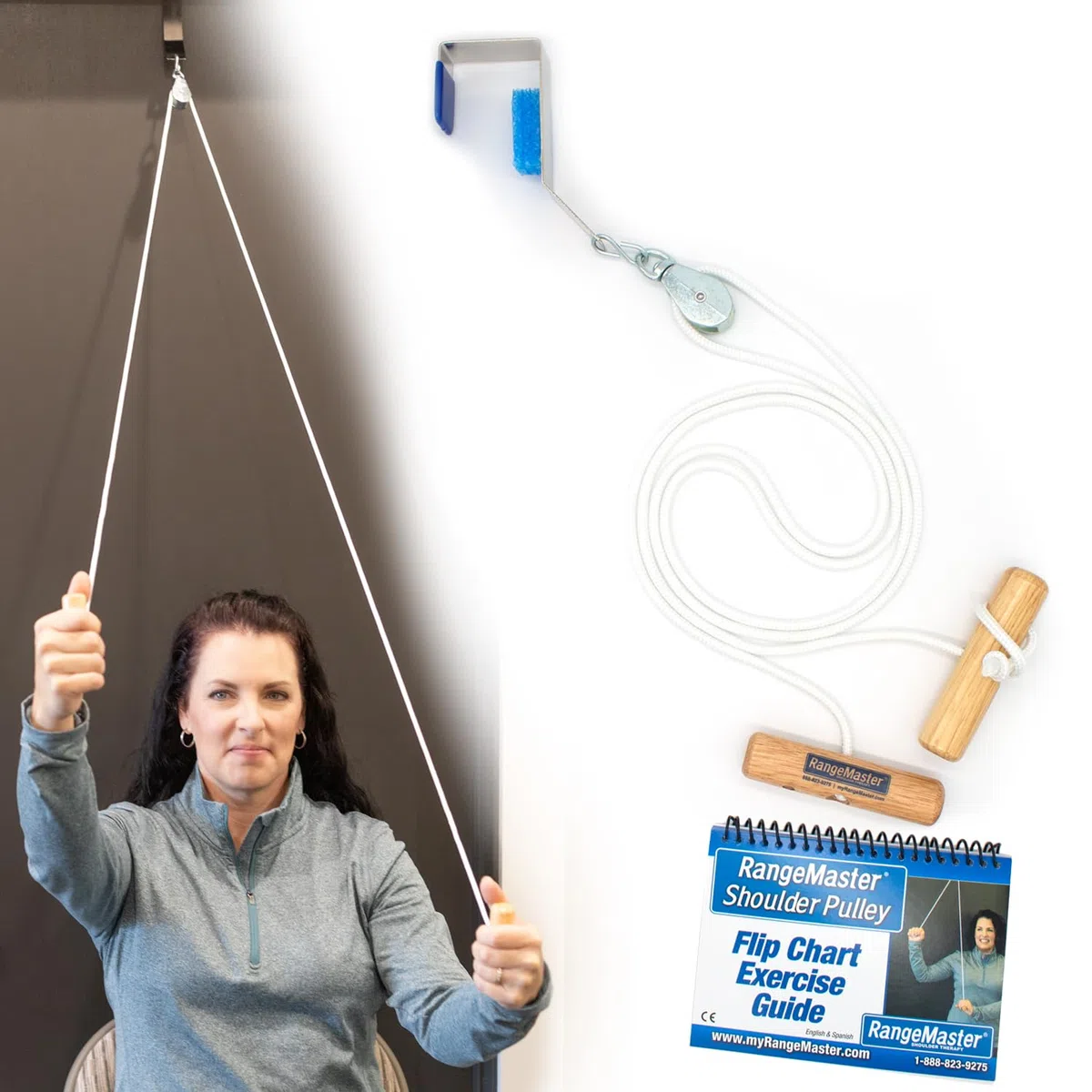 RangeMaster Overhead Shoulder Pulley -Wooden Handles, Metal Door Bracket & Flip Chat by Therapeutic Dimensions