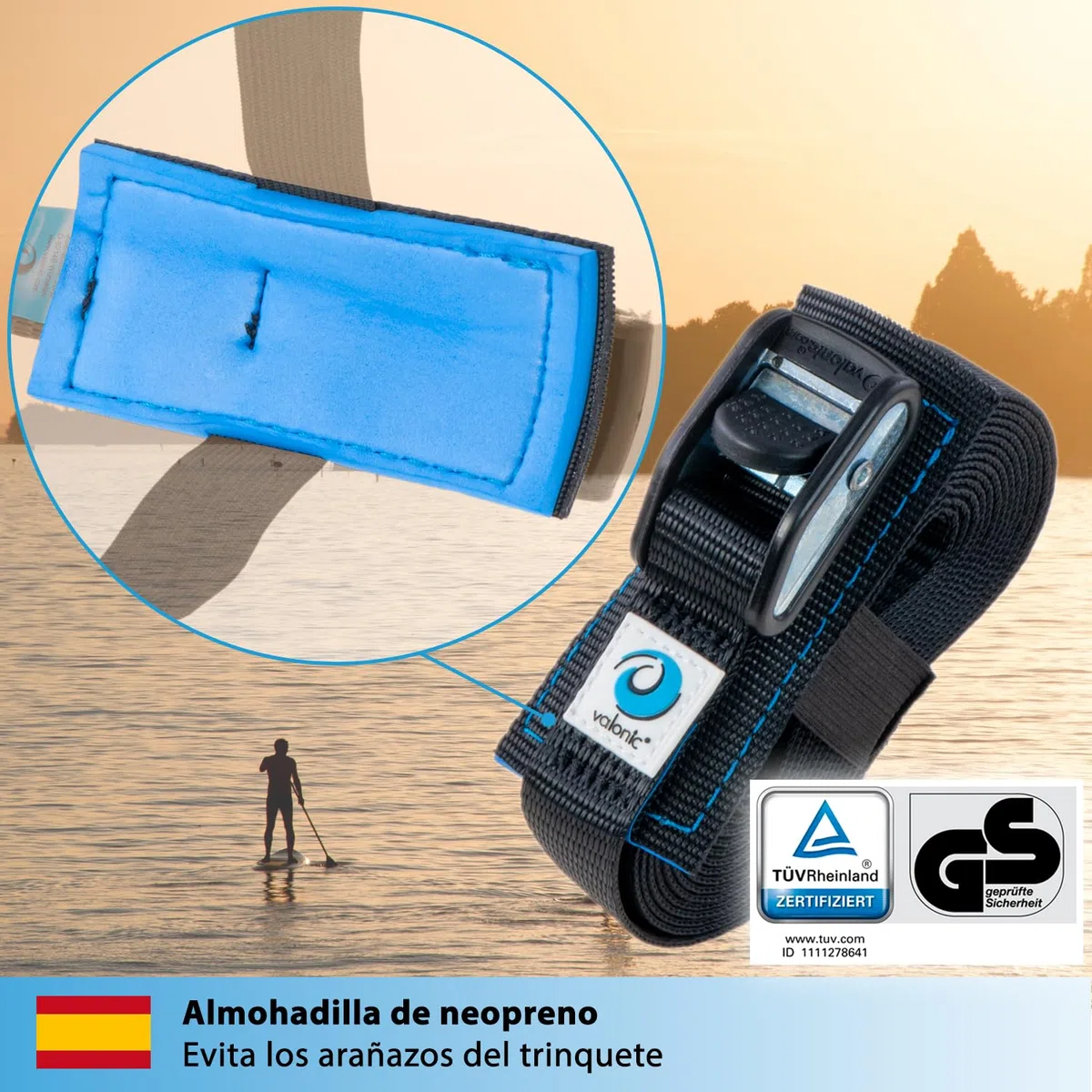 valonic Dolphin - 2X 6m cincha de Amarre con Cierre de apriete, 25mm, 500 Kg, Acolchada, Certificado TÜV Rheinl. / GS, EN-12195-2 - Negro, Correa de Amarre para Tabla de Paddle Surf o Kayak