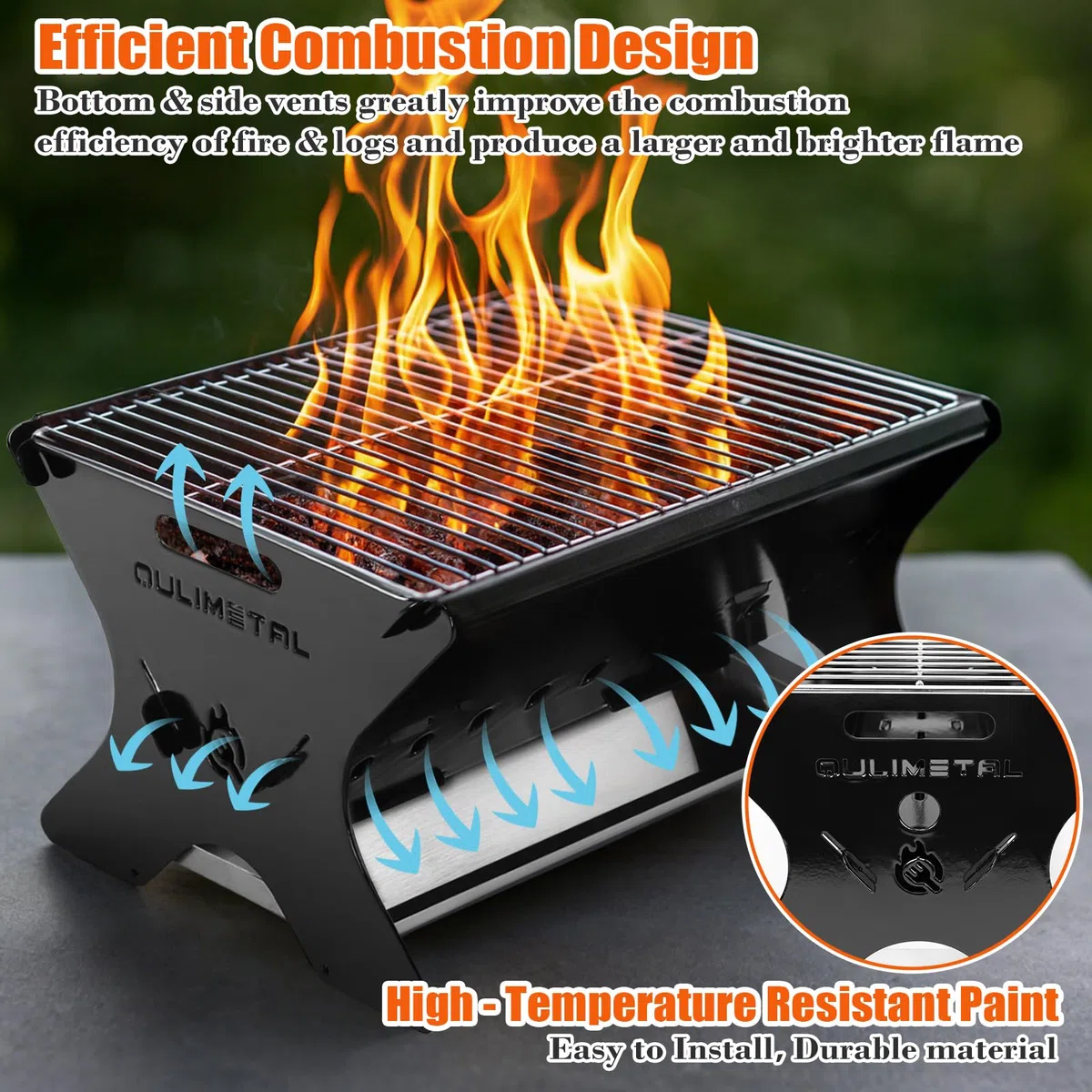 QuliMetal Parrilla portátil de camping – Parrilla plegable de carbón/gas con bolsa de transporte | Barbacoa de mochilero resistente y parrilla para fogata para cocinar al aire libre, camping, portón