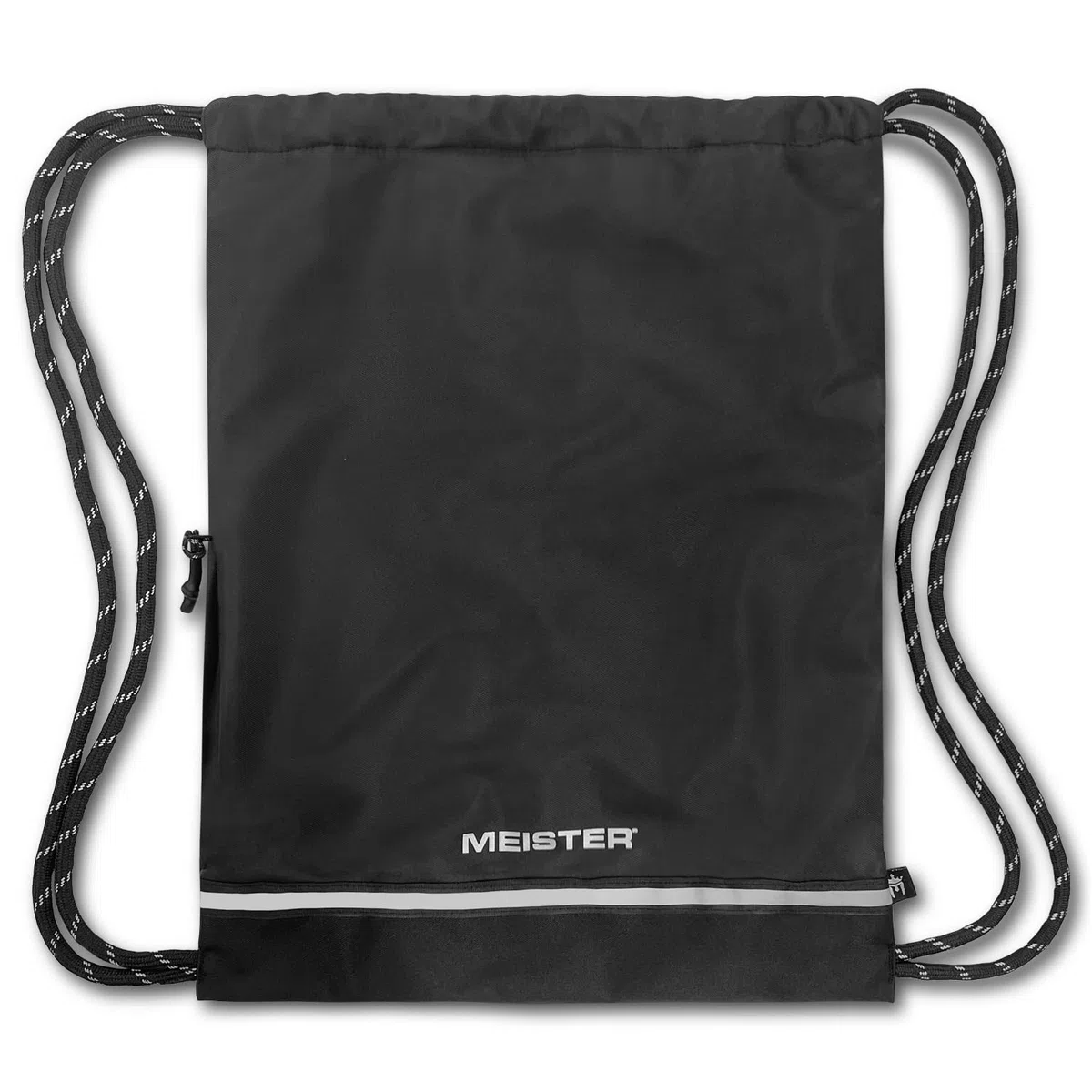 Meister Mochila XL con Cordón - Bolsa de Cuerda Impermeable para Gimnasio - Negra/Reflectante | Bolsillo externo con cremallera y accesorio interno con detalles reflectantes para mayor visibilidad