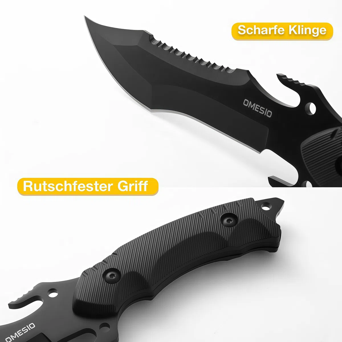 Omesio Cuchillo de caza Cuchillo de supervivencia Outdoor Multifuncional Full-tang Supervivencia, Hoja de filo fijo, Negro (A-NOIR)
