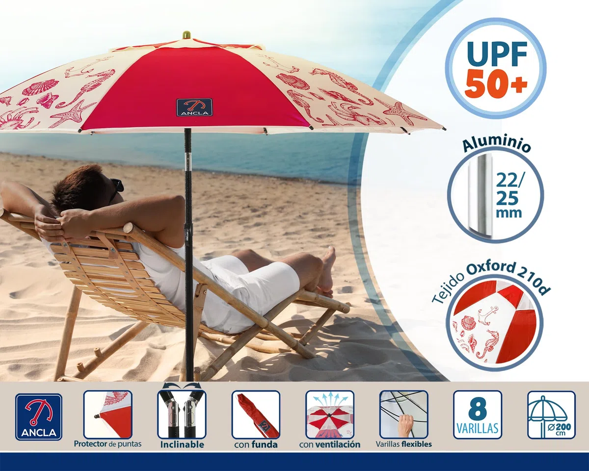 Atosa Sombrilla de Playa Ø desde 180 a 240 cm de Aluminio Modelo Fondo Marino con Bolsa de Transporte y con Protección Solar UPF 50+ en Colores Azul y Rojo