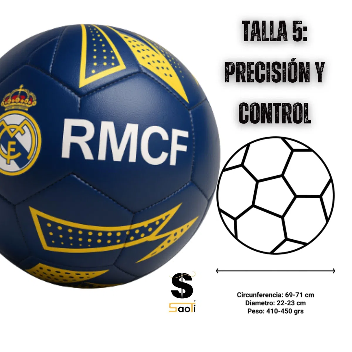 SaoTi Balon Futbol Talla 5 Diseño Inspirado en Club de Madrid Azul y Dorado - Balones de Futbol Resistentes Cosidos a Máquina - Pelotas Futbol Entrenamiento Adulto Niño Escudo RM