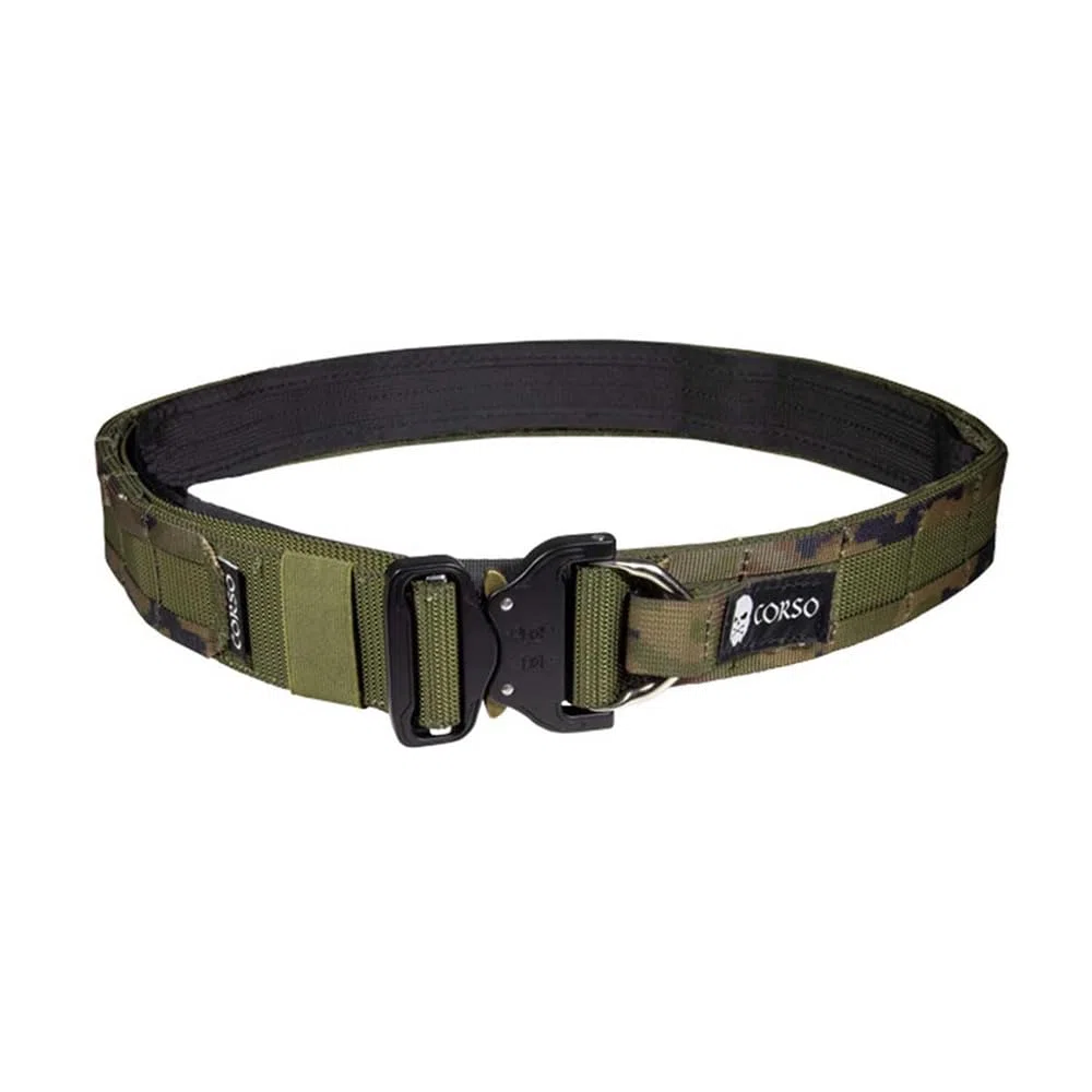 Genérico Corso Cinturón Táctico Hook Molle MK2, Ajustable, Sistema MOLLE, Doble Cinturón con Tela de Gancho, Camuflaje boscoso pixelado español