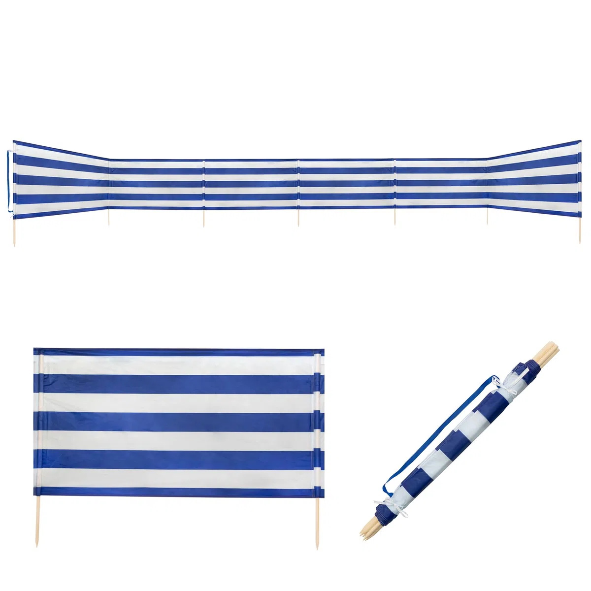 Idena 50058 – Parasol antiviento, Aprox. 800 x 80 cm, en Azul y Blanco, con Correa de Transporte y Correas de fijación, para Playa, Camping y jardín