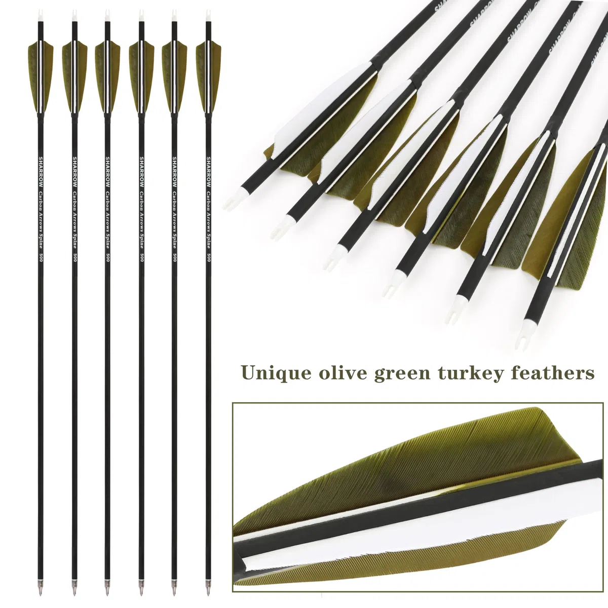 Tiro con Arco Flecha de Carbono 30 Pulgadas Flecha de Tiro con 4 Pulgadas de Plumas de Pavo 500 Spine práctica de Tiro para Arco Compuesto Recurve Bow