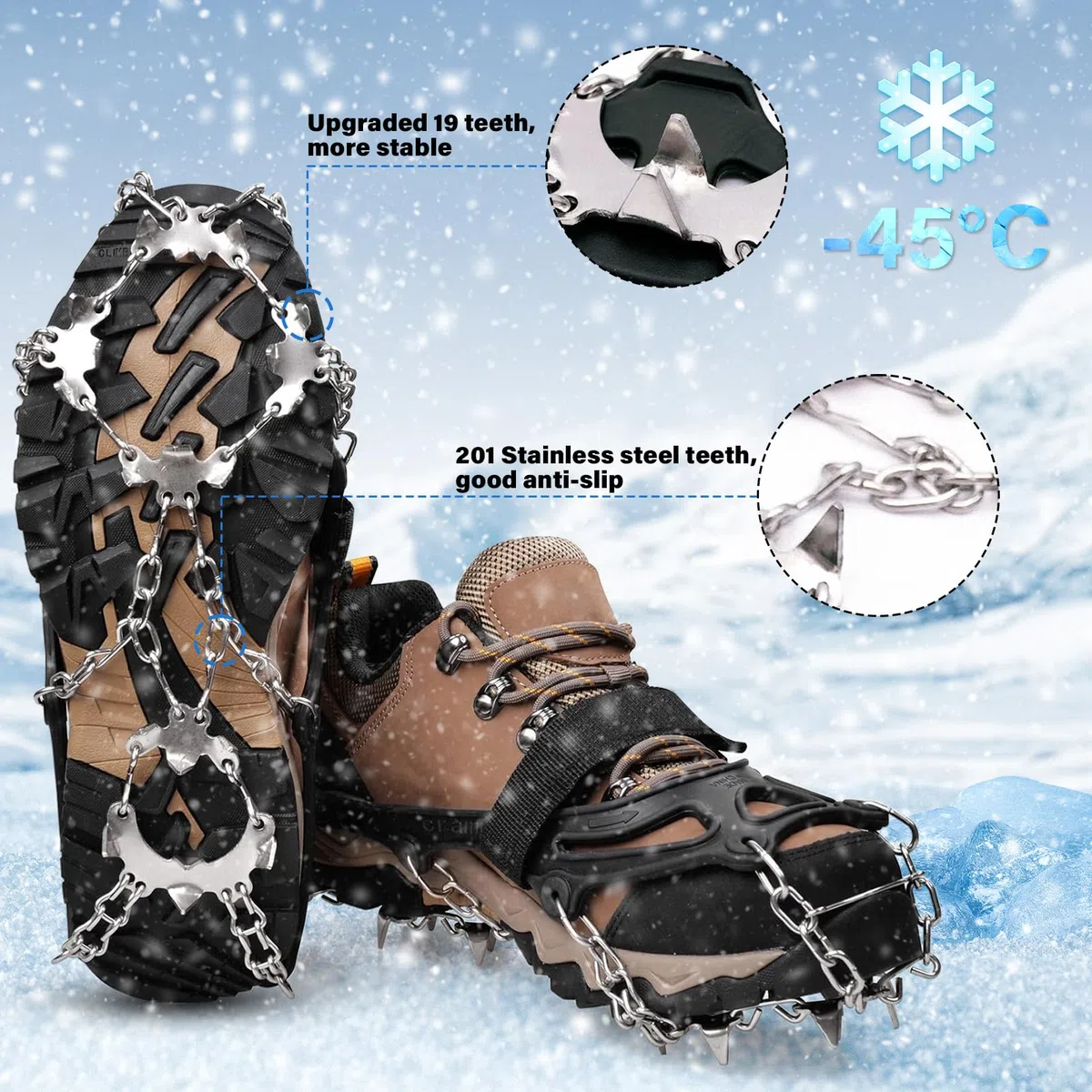 19 Dientes Crampones,Crampones para Botas,Tacos de Hielo Tracción con Cadena de Acero Inoxidable Antidesilisantes,para Caminar, Senderismo, Escalada, Pesca y Montañismo