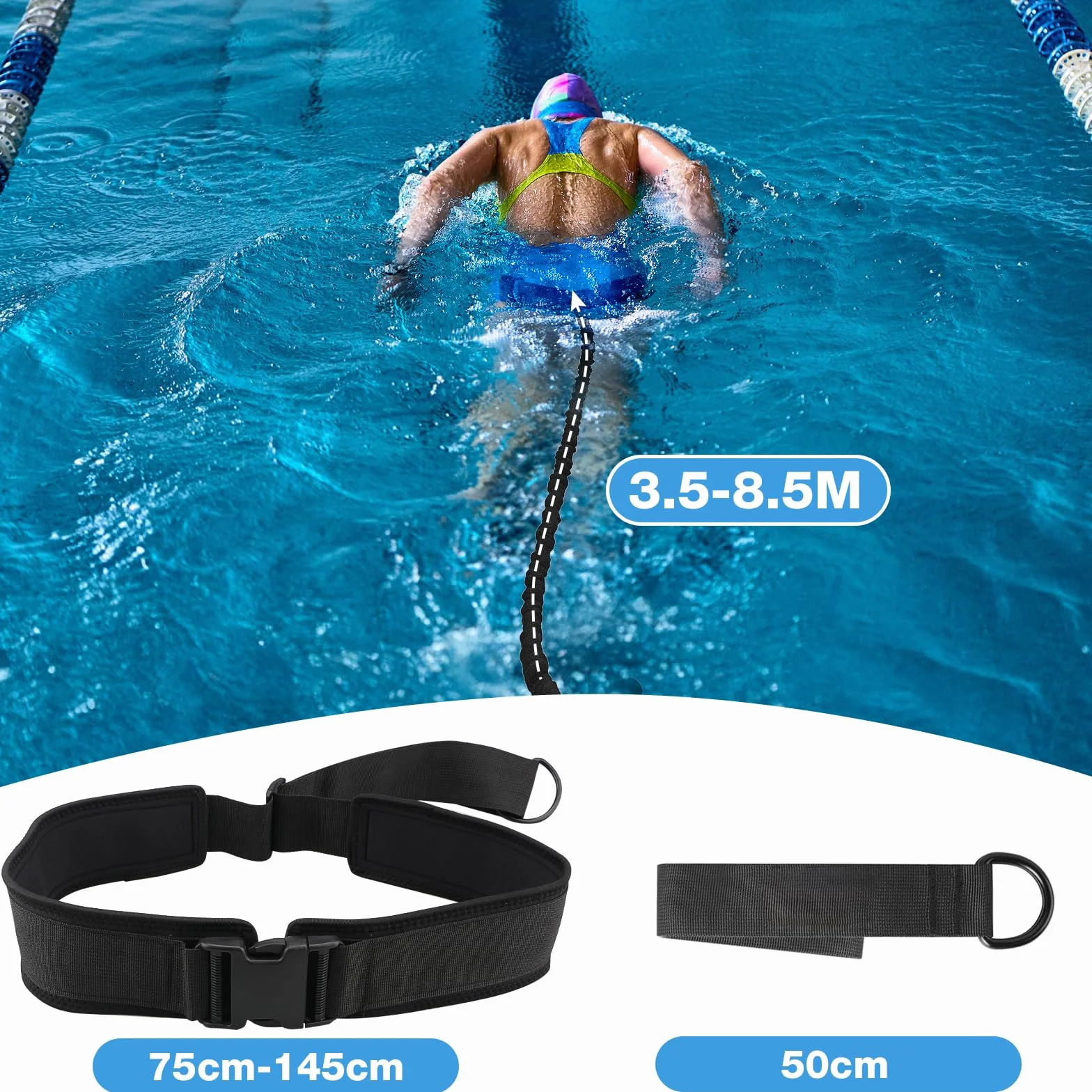 Cinturón de natación premium para adultos, para piscina, cinturón de natación de 3,5 a 8,5 m con bandas elásticas, ayuda de natación para adultos, adecuado para principiantes y profesionales, para