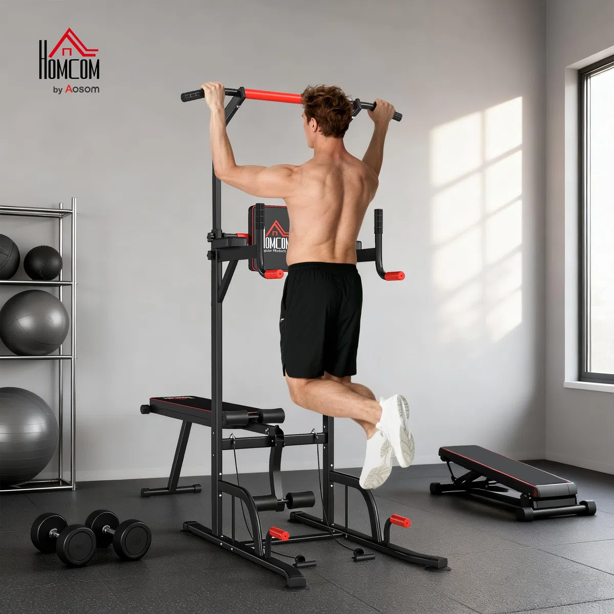 HOMCOM Torre Entrenamiento Energía Power Tower Estación Pull Up Multifuncional Ajustable en Altura con Banco Plegable Barra de Dominadas para Fitness 220x98x181-229 cm Negro