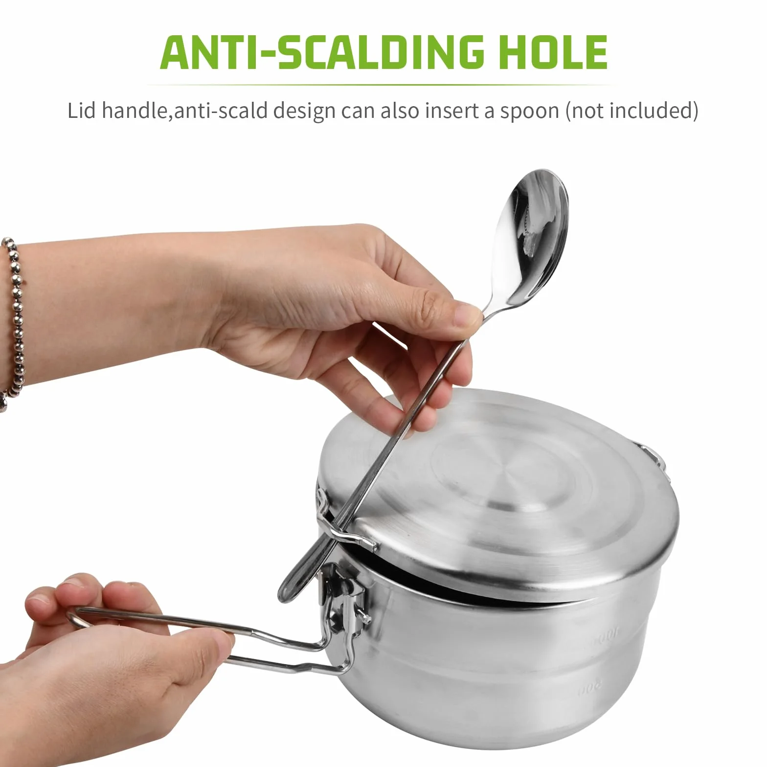 1.5L Olla de Camping Acero Inoxidable, Olla Bento de Gran Capacidad Utensilios de Cocina al Aire Libre con Tapa y Asa Plegable y Bolsa de Almacenamiento