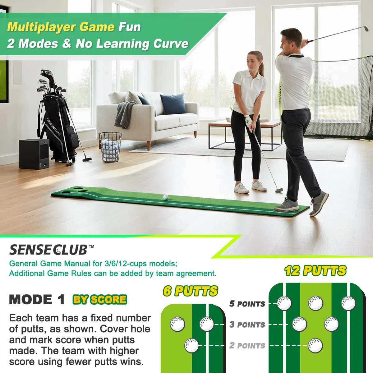 SENSECLUB - Juego de tapete de putting plegable verde para interiores, regalos de golf para hombres con sistema de recogida de bolas