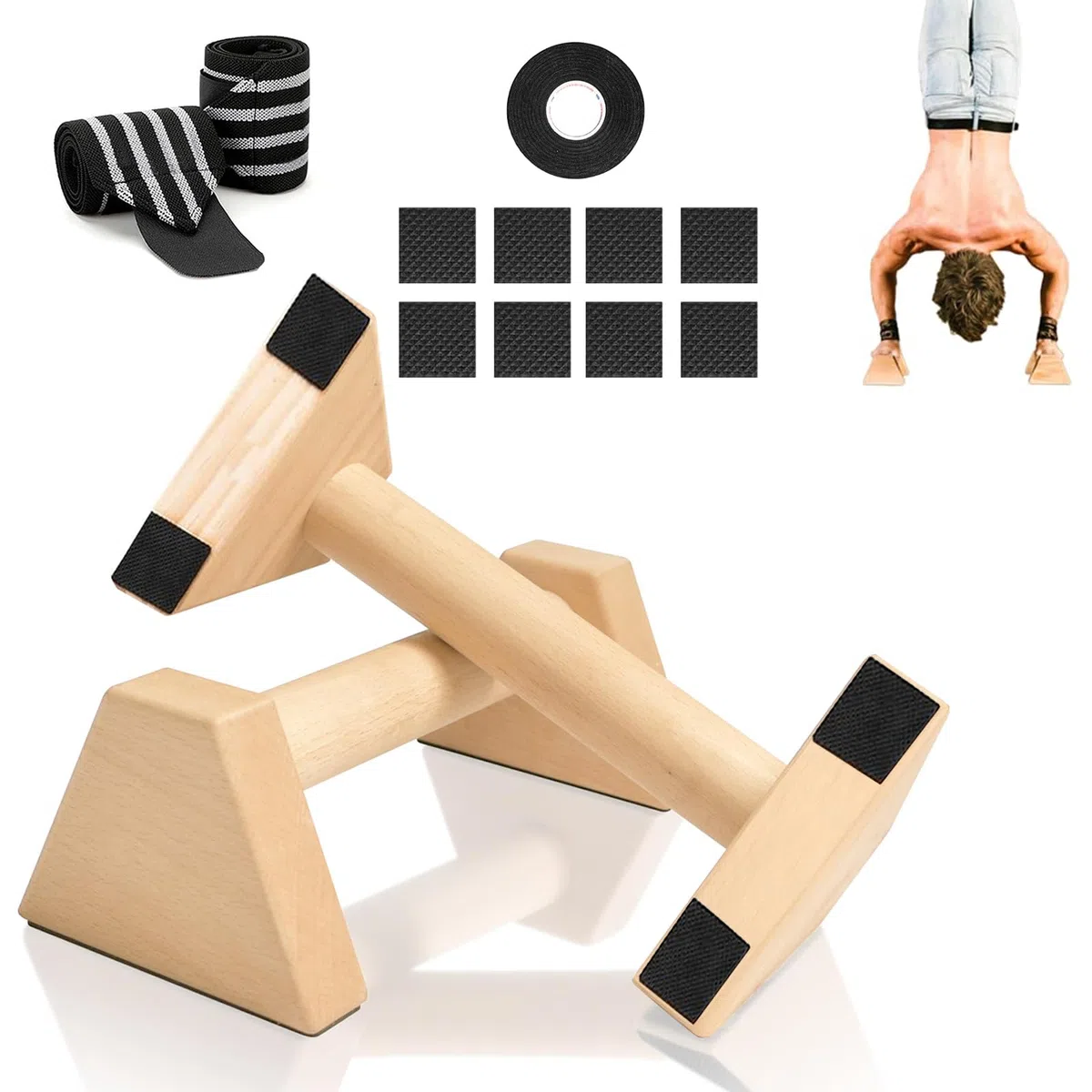 Paralelas Calistenia, 2 Piezas Barras Paralelas de Madera, Push Up de Madera Paralelos, Barra de Flexiones Maciza, con 1 Rollos de Cinta Adhesiva y 1 Par de Muñequeras, para Fitness, Gimnasia